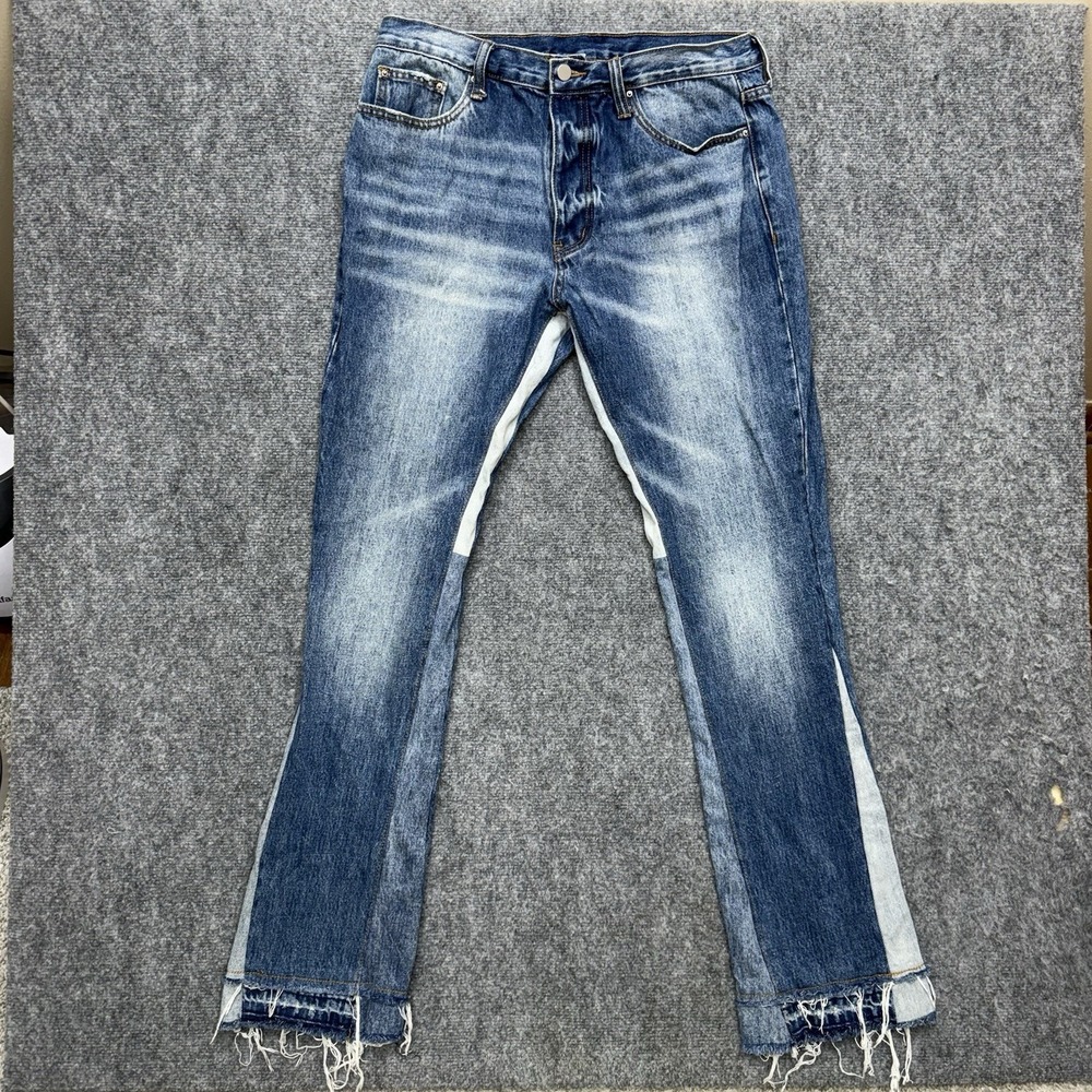 MNML buttonfly fringe raw hems jeans men's size 33 33x34 distressed streetwear